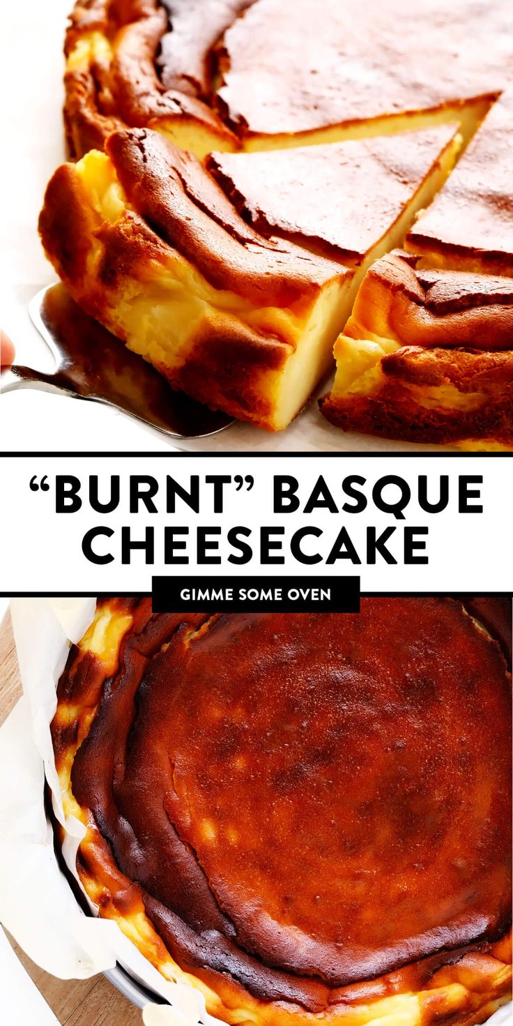 two different types of cheesecakes with the words burnt basque cheese cake above them