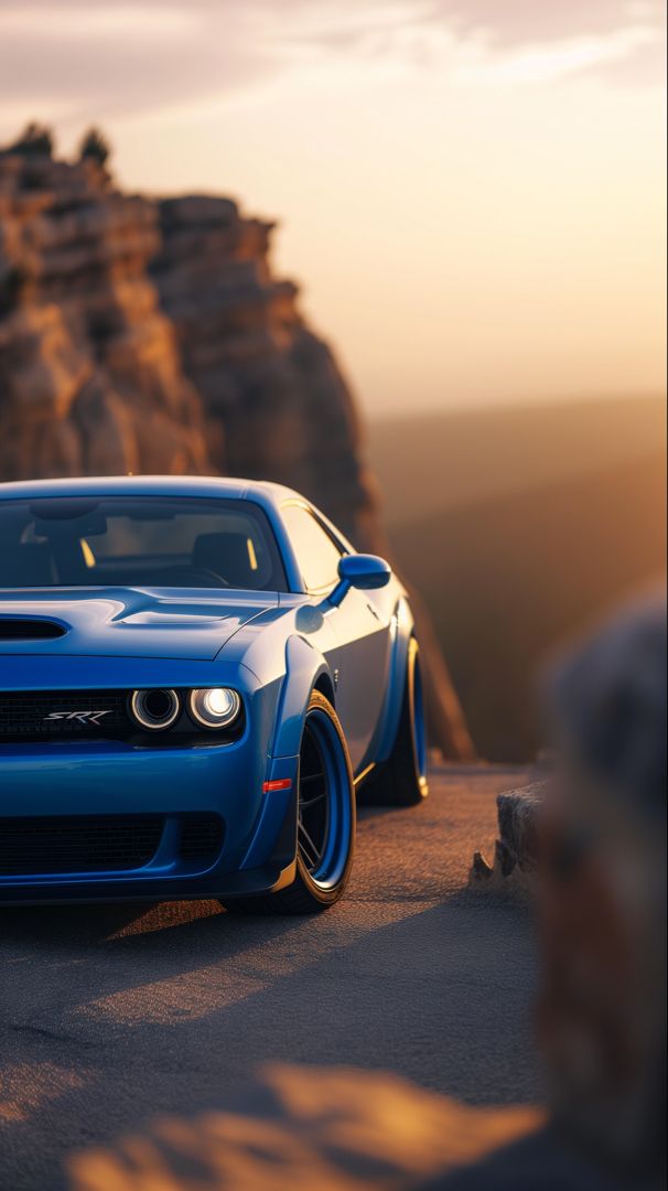 a blue sports car parked on the side of a road next to a rocky cliff