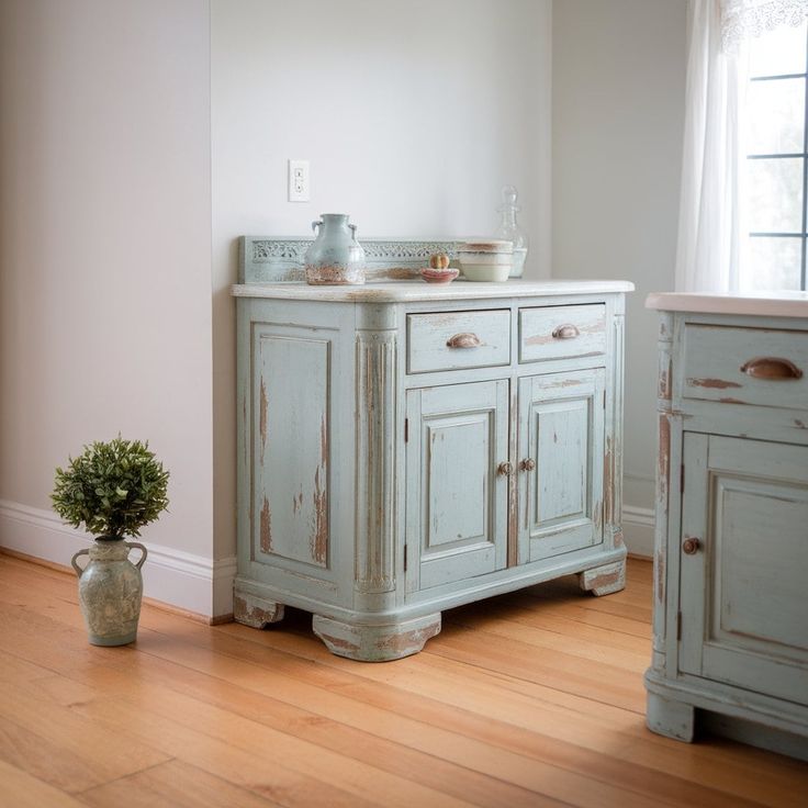 an old blue cabinet in the corner of a room with a potted plant next to it