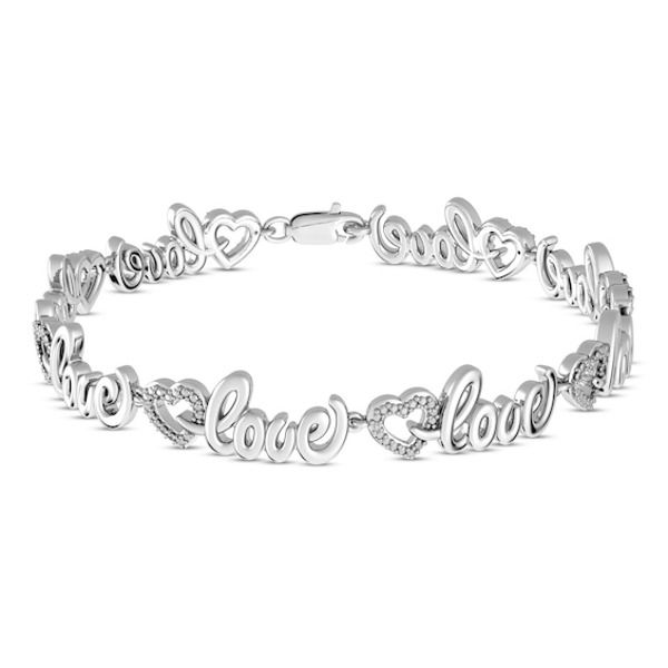 Say it out loud €” this charming bracelet has love written all over it. Diamond accents adorn the hearts, adding extra sparkle and shine to its universal expression. The bracelet is crafted in sterling silver, measures 7.5 inches and secures with a lobster clasp. Sterling Silver Bracelet For Valentine's Anniversary, Sterling Silver Charm Bracelet For Valentine's Anniversary, Adjustable Sterling Silver Bracelet For Valentine's Day Anniversary, Silver Bracelets For Anniversary On Valentine's Day, Silver Bracelet For Anniversary On Valentine's Day, Silver Heart Bracelet For Anniversary And Mother's Day, Silver Bracelet For Anniversary, Valentine's Day, White Gold Charm Bracelet For Anniversary On Mother's Day, Silver Hallmarked Bracelet For Anniversary