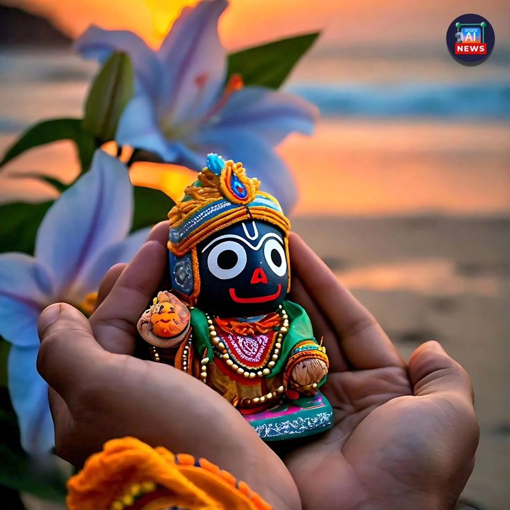 a person holding a small figurine in their hand next to flowers and water