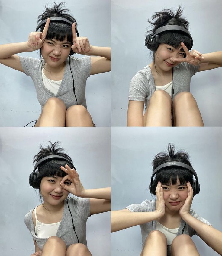 four pictures of a woman with headphones on her ears and hands in front of her face