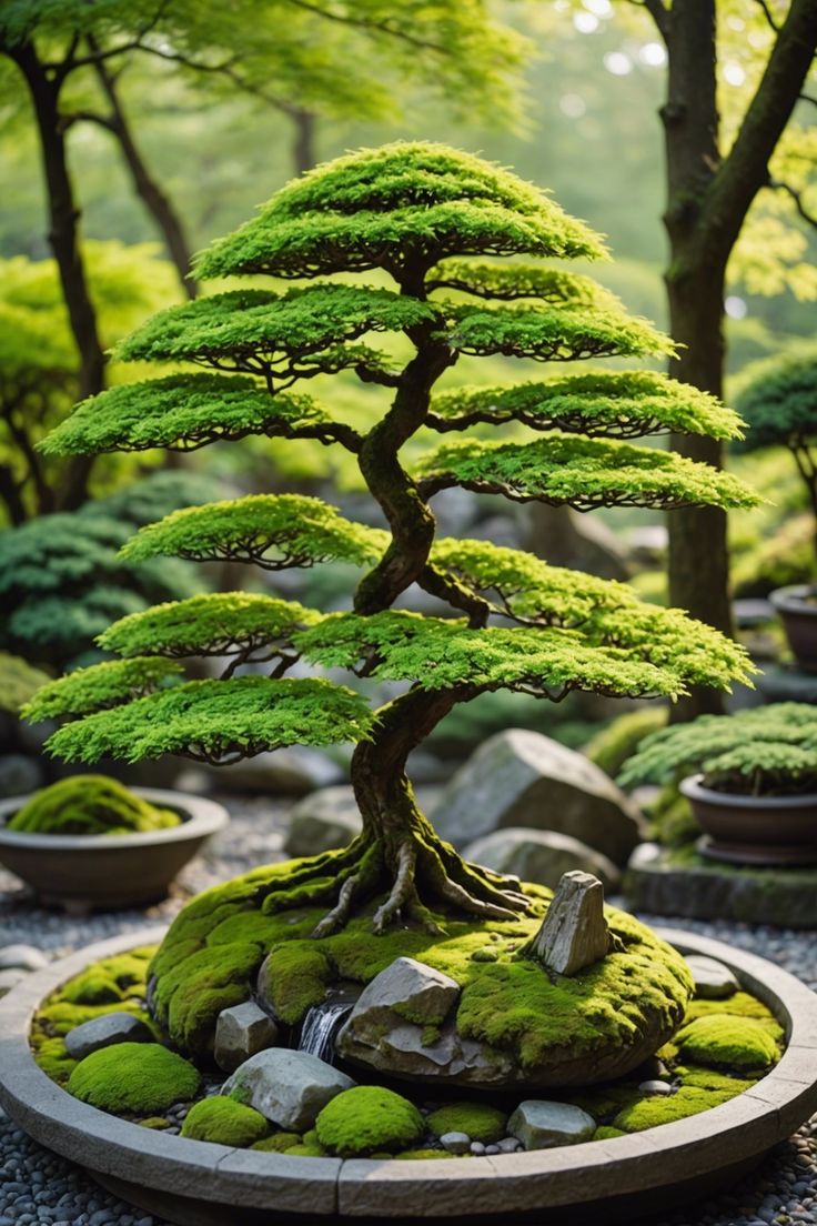 a bonsai tree with moss growing on it's rocks in a rock garden