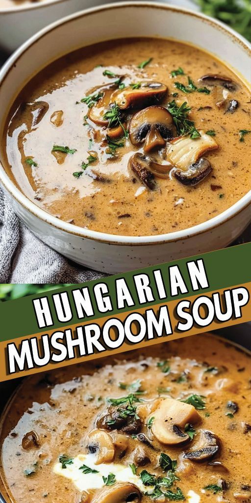 two bowls filled with mushroom soup on top of a table