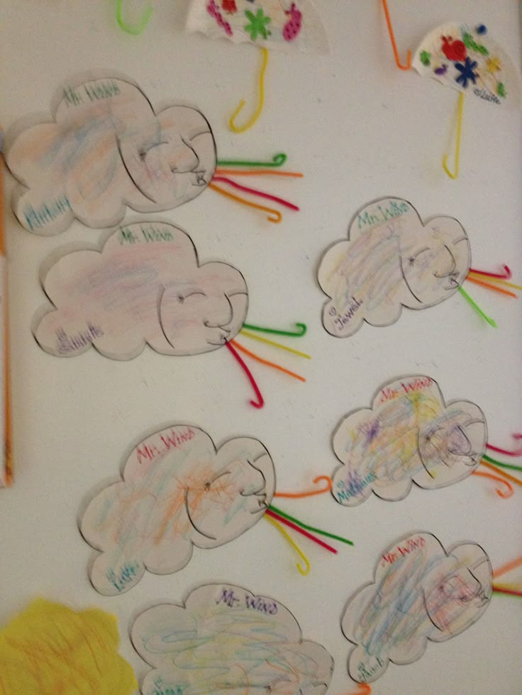 a white board with many different types of clouds on it and some crayons