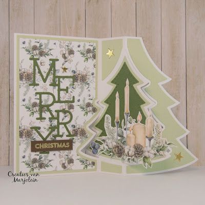 a merry christmas card with candles and pine trees on it, in front of a wooden background