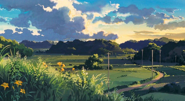 a painting of a green field with yellow flowers and clouds in the sky above it