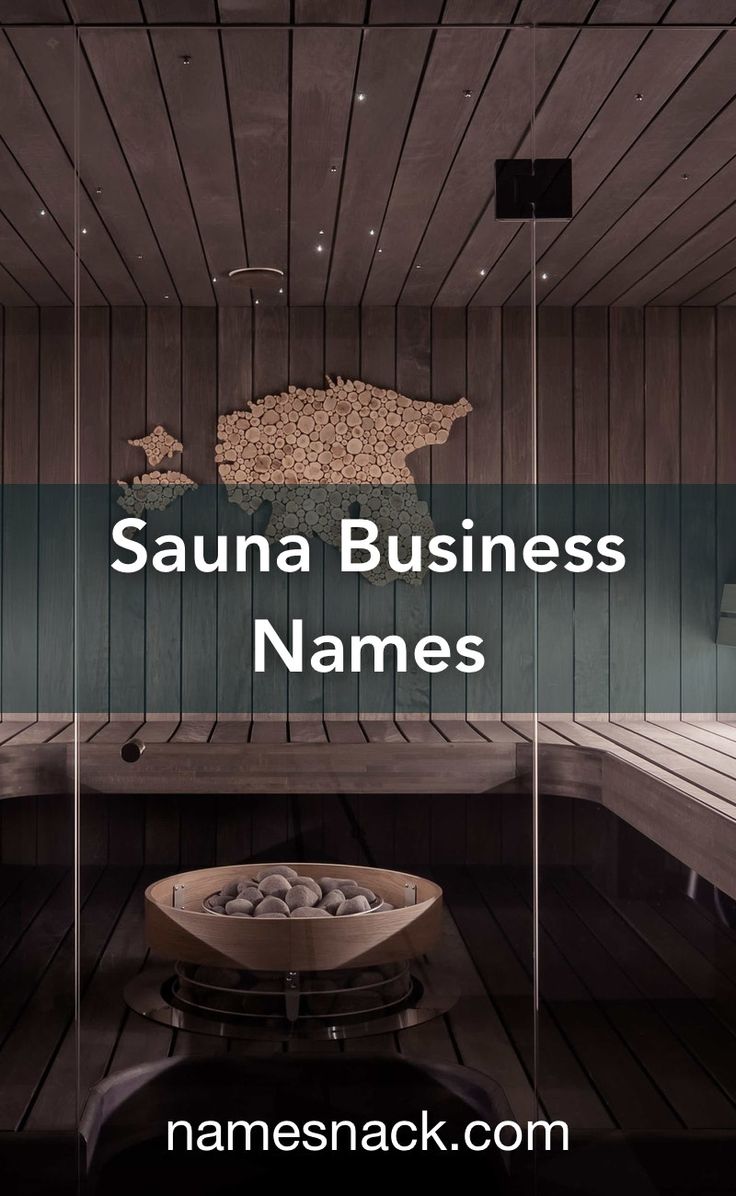 the sauna business names are displayed in front of a glass wall with wood flooring