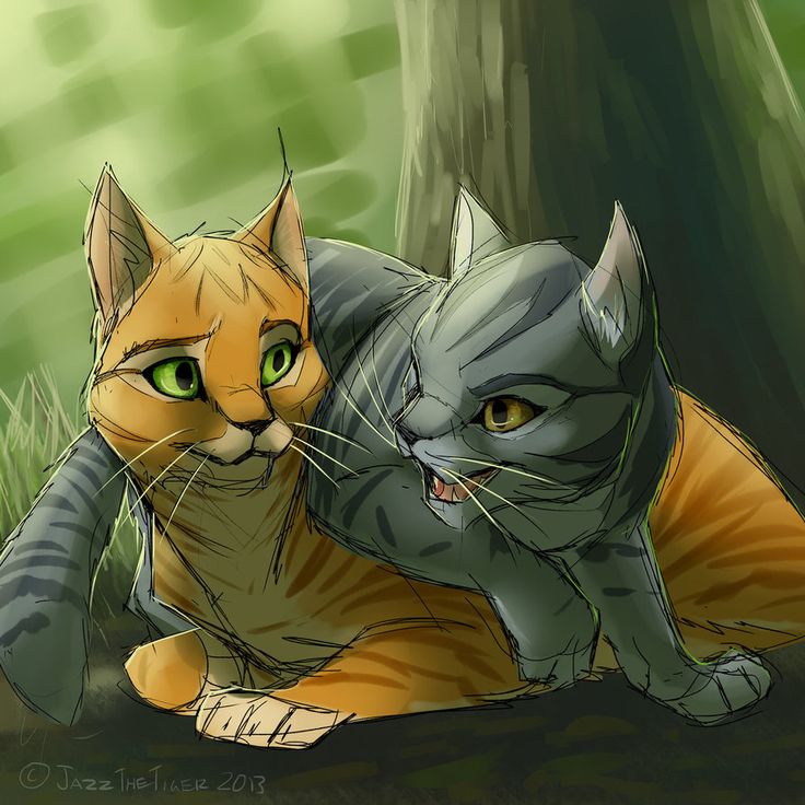 two cats laying next to each other on the ground in front of a tree with green eyes