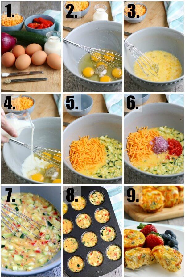 the steps to make egg muffins in a pan with cheese and other ingredients