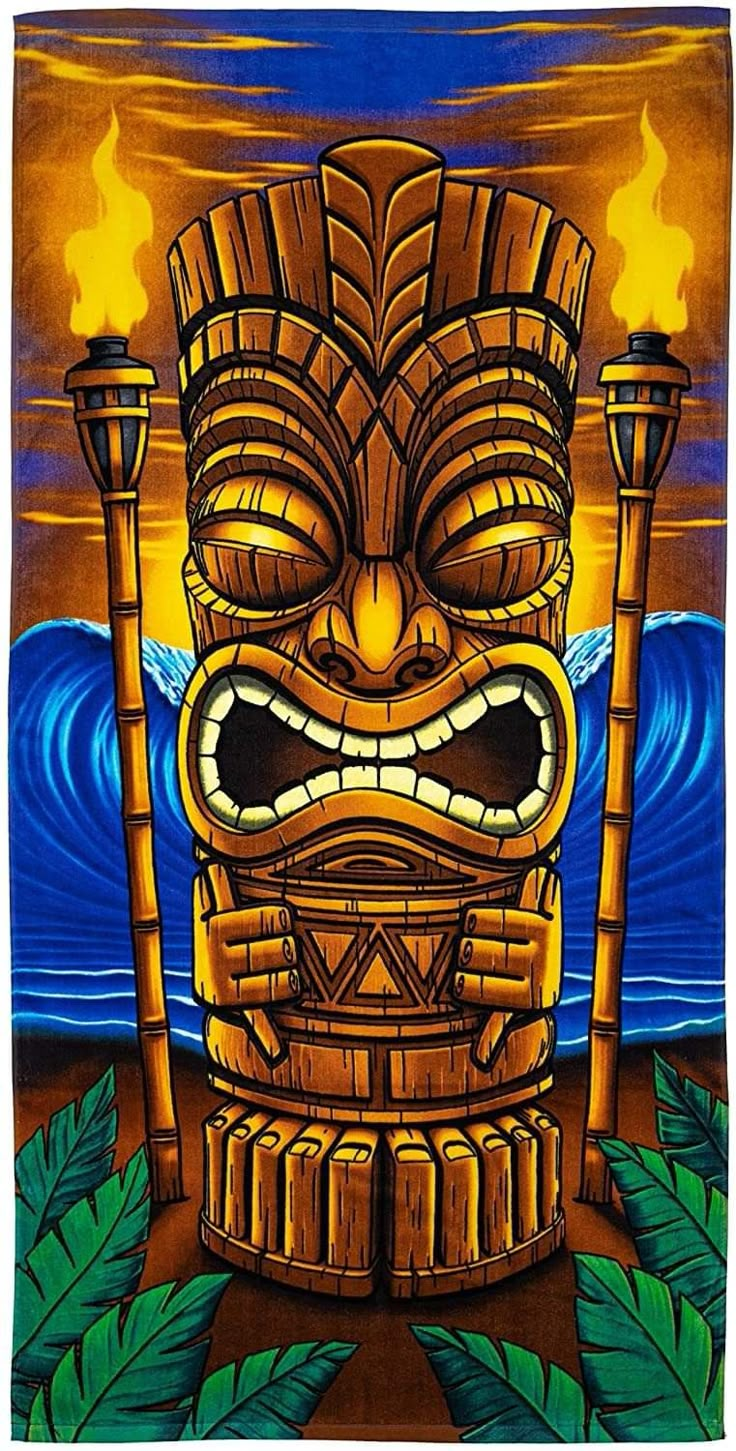 a painting of a tiki mask with torches in front of the ocean and waves