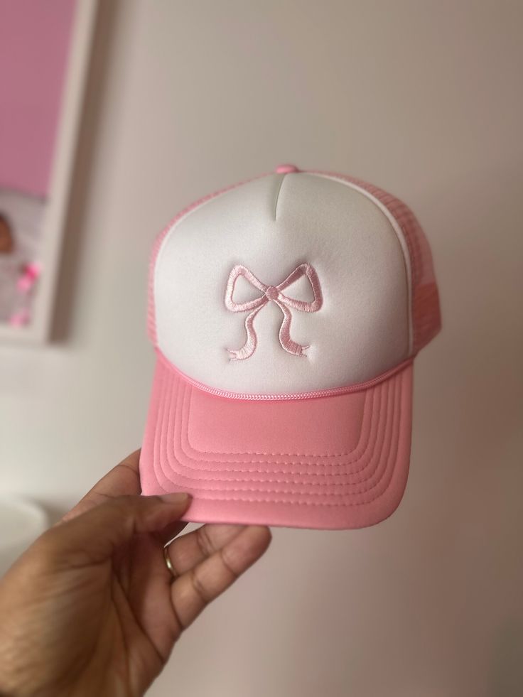 Pink Bow 🎀 Trucker Hat Pink Adjustable Cap, Adjustable Pink Cap, Cute Pink Mini Cap Hat, Cute Pink Mini Cap, Trendy Pink Visor Hat, Cute Spring Trucker Hat With Curved Brim, Pink Curved Brim Baseball Cap As Gift, Pink Visor Hat One Size Fits Most, Pink Visor Hats One Size