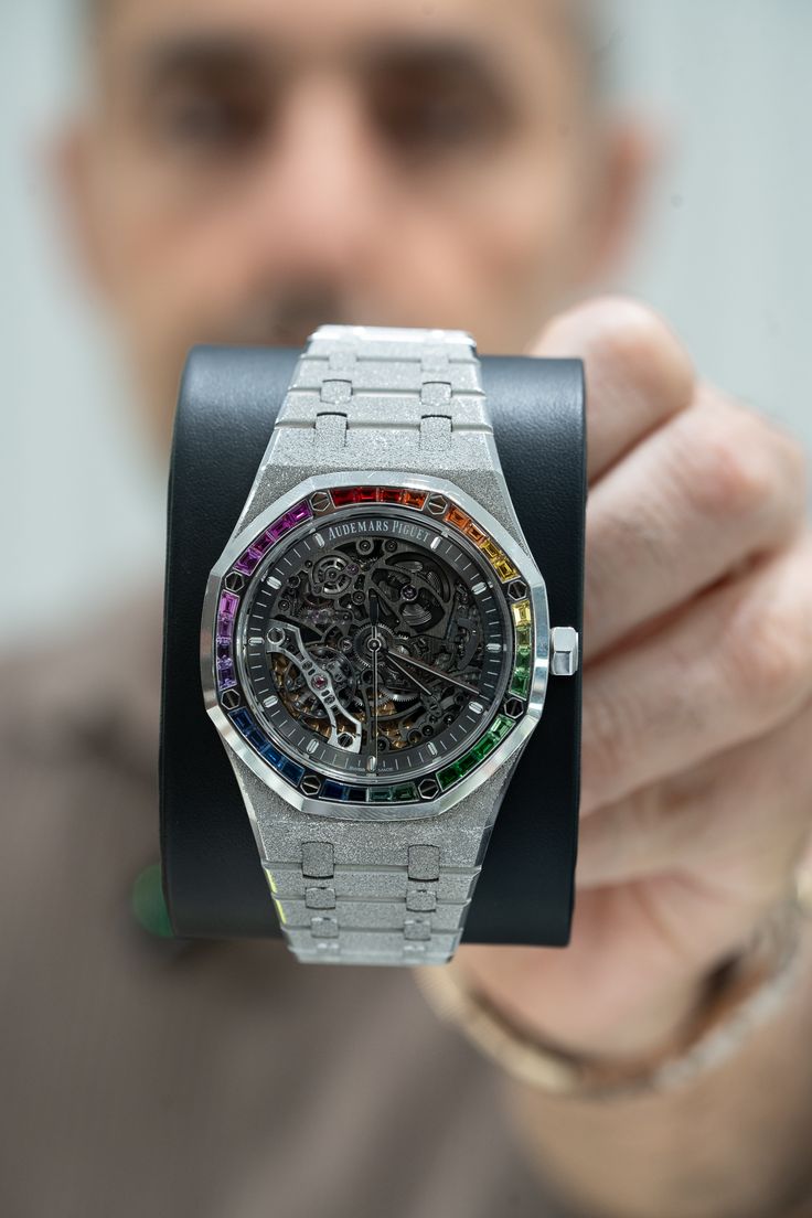 Audemars Piguet Royal Oak Rainbow, Audemars Piguet Rainbow, Audemars Piguet Skeleton, Jewellery Men, Rainbow Frosting, Ap Royal Oak, Rainbow Diamond, Audemars Piguet Watches, High End Jewelry