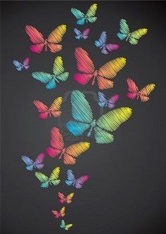 colorful butterflies flying in the air on a black background stock photo coloured with chalk