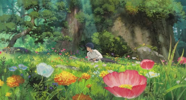 an anime scene with flowers and trees in the background