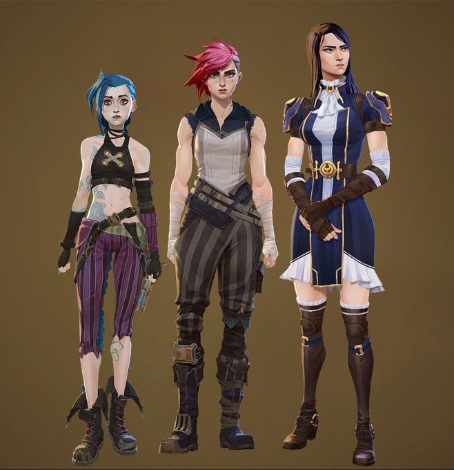 three female characters standing next to each other wearing different outfits and hair styles, all looking in different directions