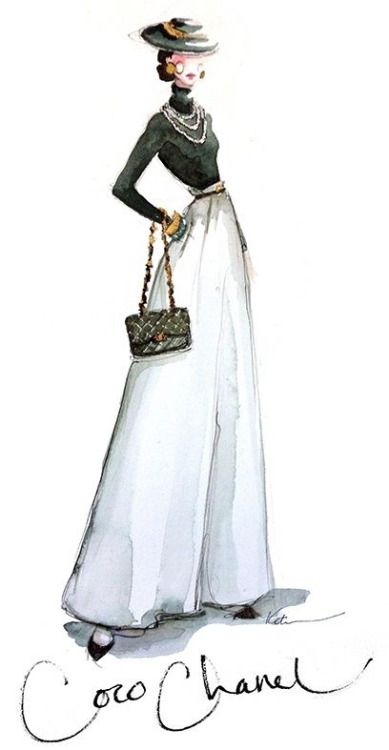 a drawing of a woman in a white dress with a handbag on her hip