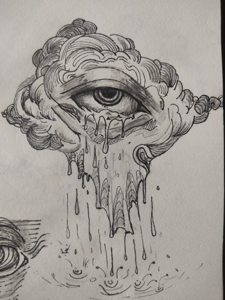 a drawing of an eye with rain coming out of it's eyes and clouds