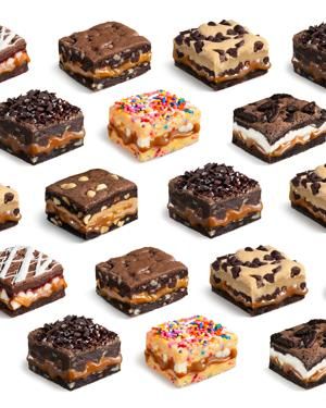 many different types of desserts are arranged in the shape of square cakes with chocolate, marshmallows and sprinkles