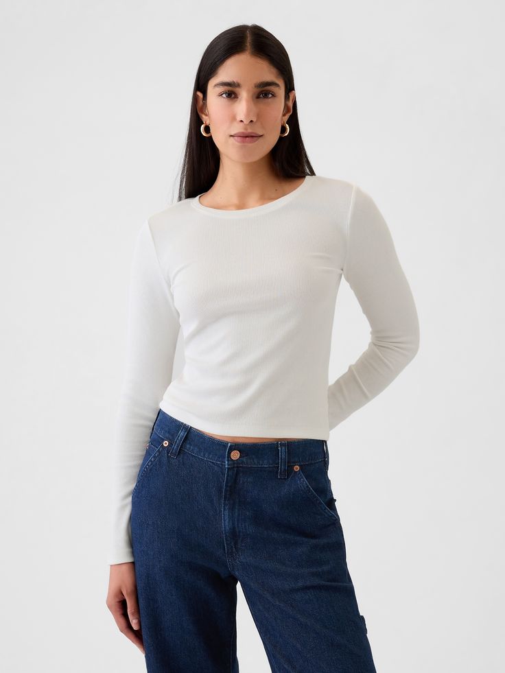 Soft, stretch cotton-modal blend ribbed T-shirt.  Crewneck.  Long sleeves.  Fit: Stretch-to-Fit.  Slim & stretchy that forms to your shape.  Hits at the waist.  Models wearing Gap White Relaxed Fit T-shirt By Gap, Gap Long Sleeve Knit Tops, Blue Long Sleeve Gap Shirt, White Stretch Long Sleeve T-shirt, Gap Stretch Cotton T-shirt, Cropped T Shirt, Crop Tshirt, Toddler Gifts, Stretch Cotton