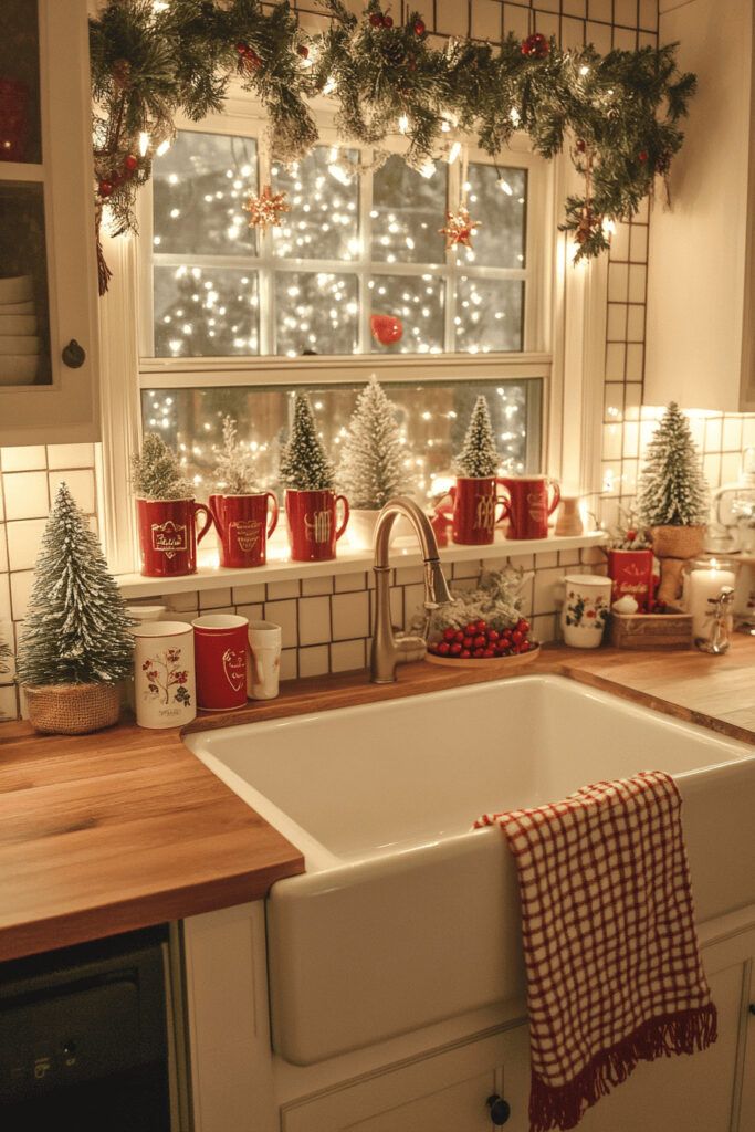 a kitchen decorated for christmas with lights on the windowsill and evergreens in pots