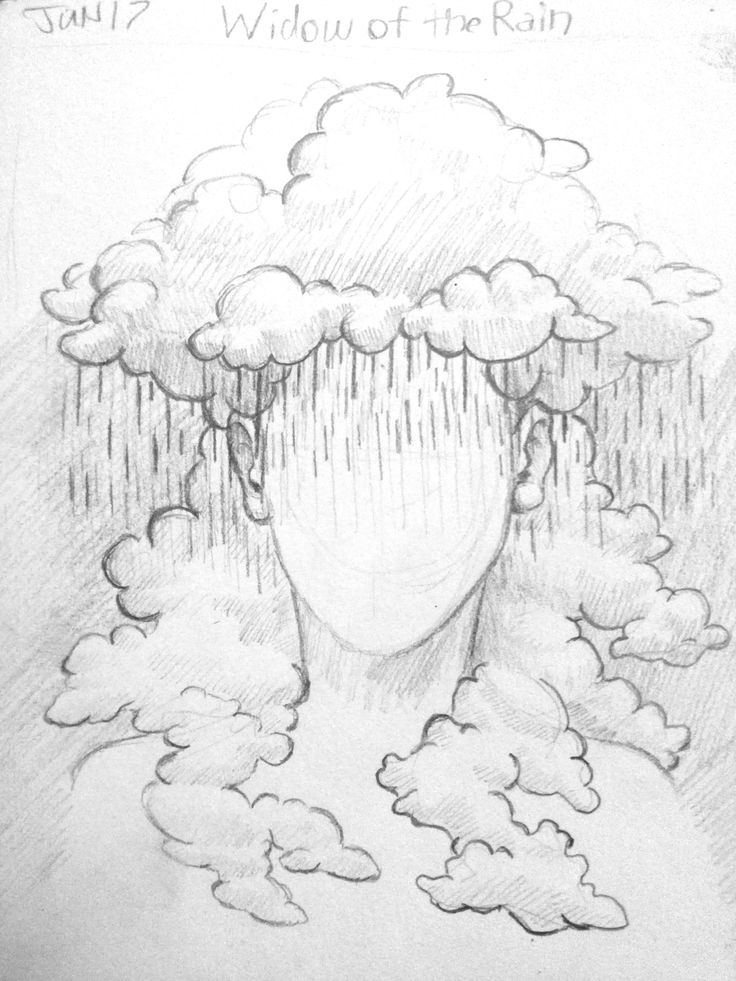 a drawing of a woman's head with clouds and rain coming out of it