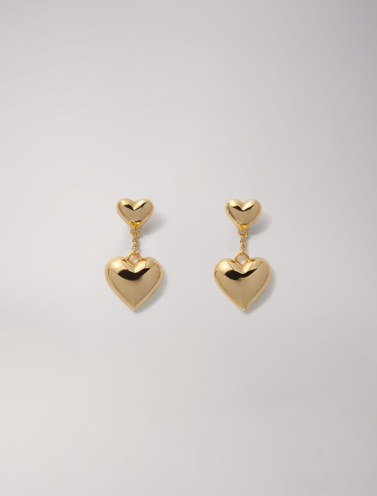 Heart earrings | Maje US Gold Double Heart Metal Earrings, Gold Metal Double Heart Earrings, Gold Metal Earrings With Heart Charm, Yellow Gold Earrings With Heart Charm, Chic Gold Heart Earrings With Heart Charm, Chic Gold Heart Earrings With Charm, Yellow Gold Heart Charm Earrings, Elegant Gold Heart Earrings In Brass, Yellow Gold Heart Earrings With Charm