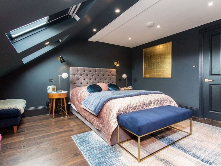 a bedroom with blue walls and wooden floors