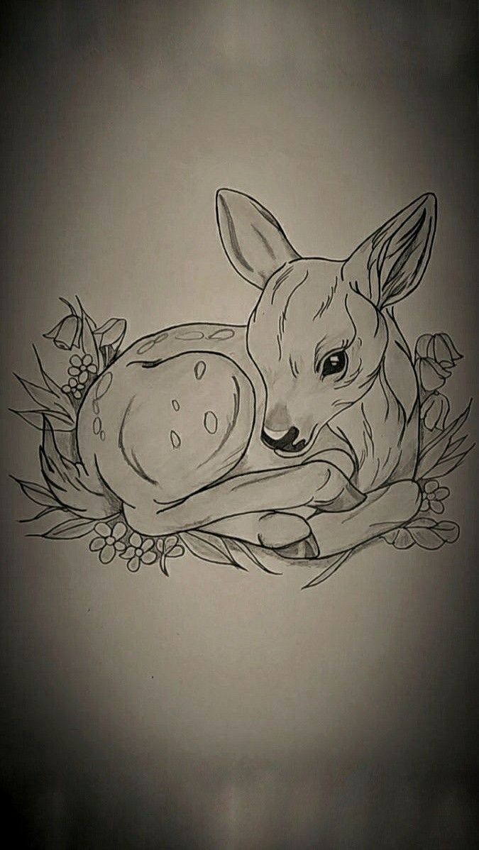 a drawing of a deer laying down on top of a flowery branch with an egg in it's mouth