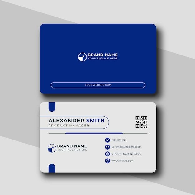 a blue and white business card with the name brand name on it