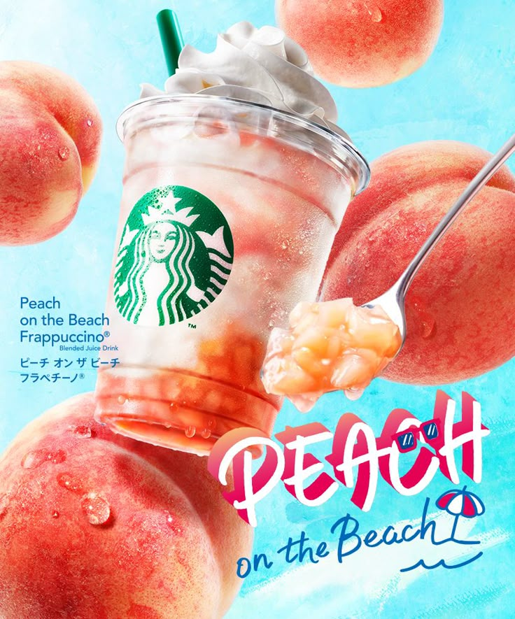 a starbucks drink with peaches floating around it and the words peach on the beach