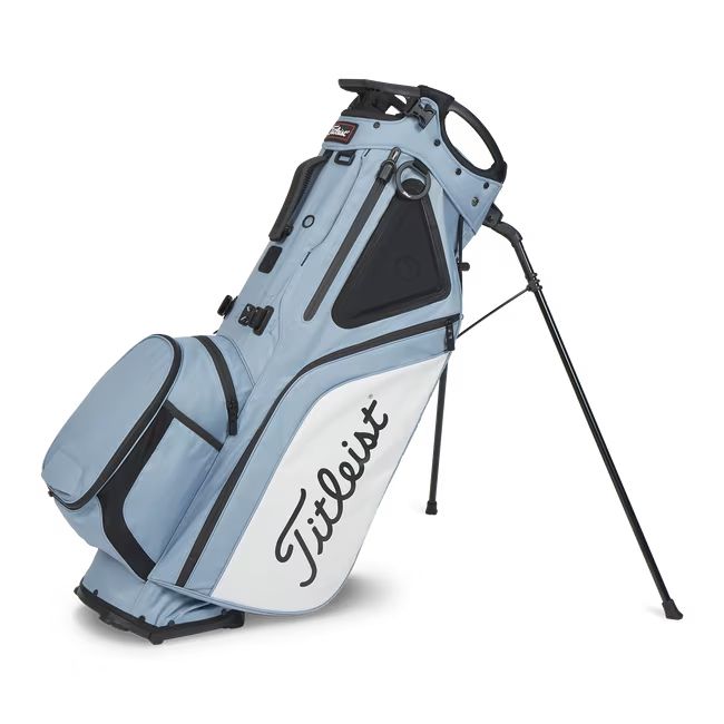 a blue and white golf bag with the title title on it