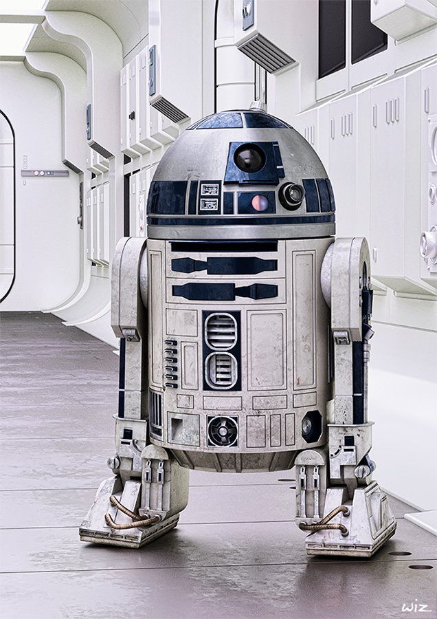 a star wars r2d2 robot is standing in a hallway