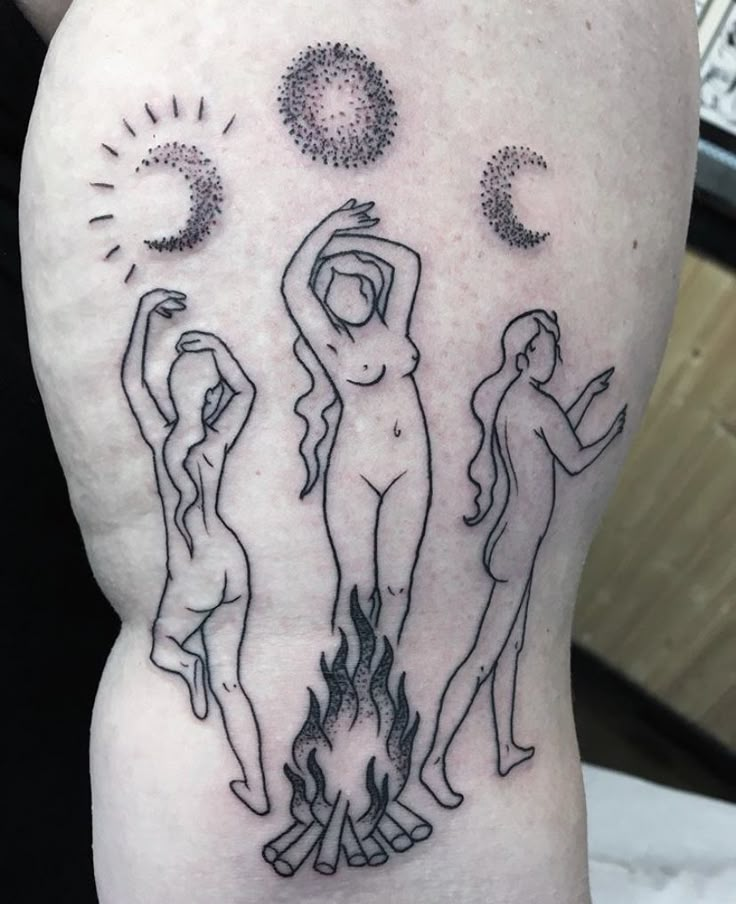 a woman's back with three different tattoos on her body and one has the sun above her head