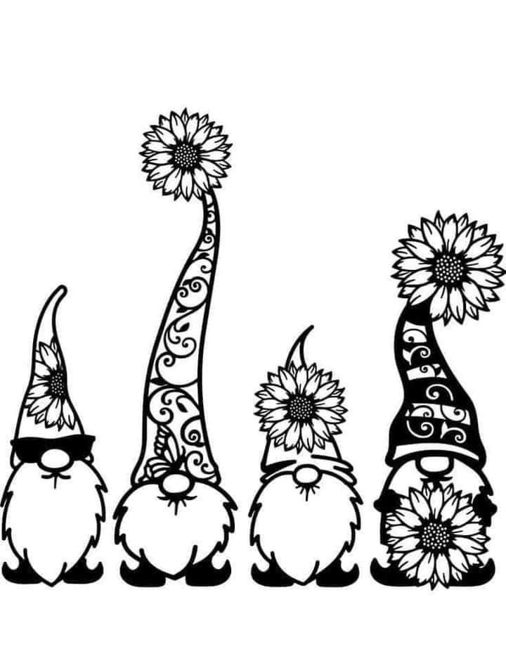 three gnomes with hats and flowers on their heads, one is black and white