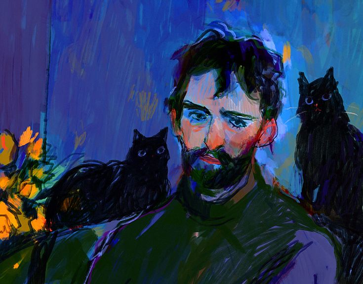 a painting of a man with three cats on his shoulder and one cat sitting on him