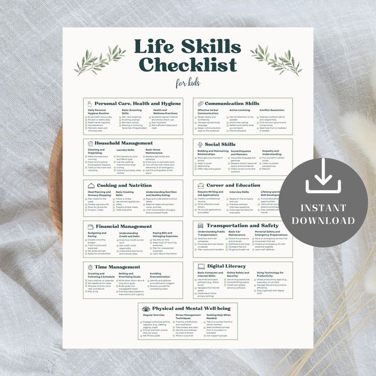 a printable life skills checklist on a table with some flowers and a wooden spoon