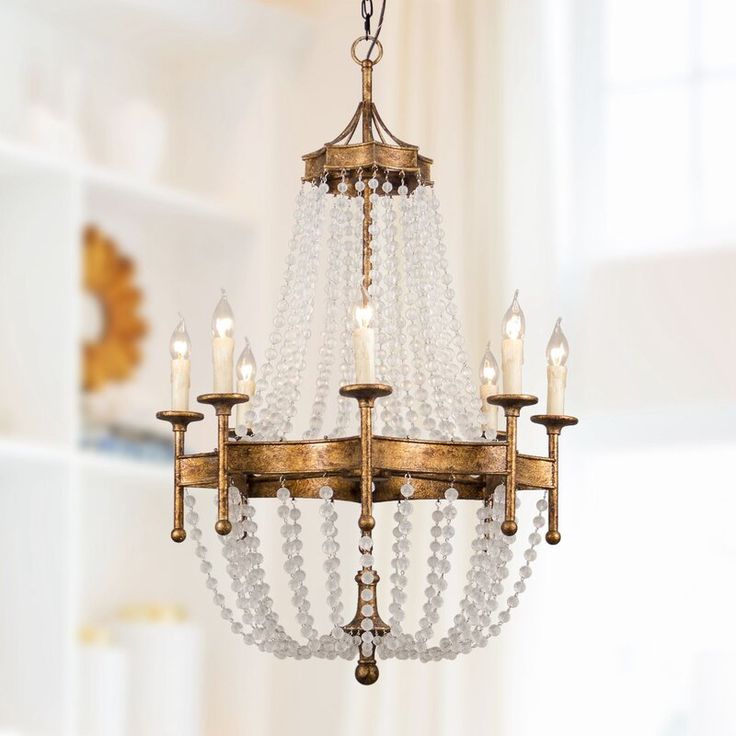 a chandelier hanging from the ceiling in a room