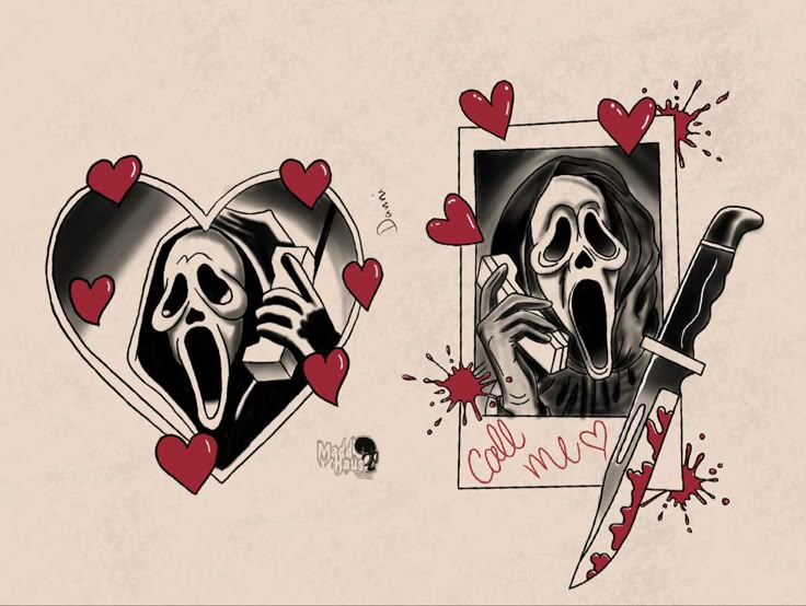 two pictures with hearts, one has a knife and the other has a skull on it