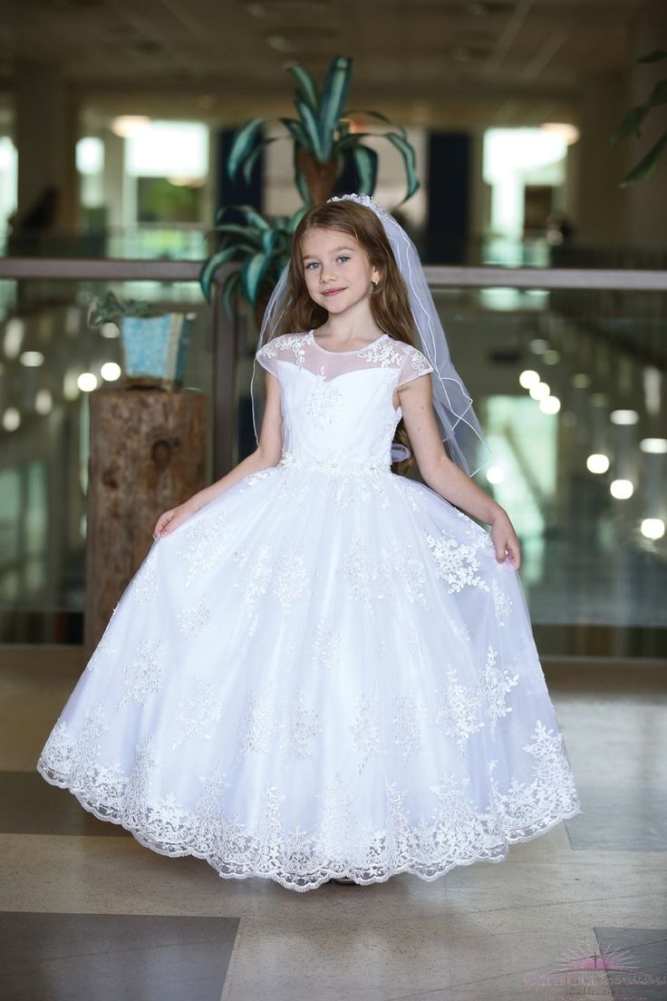 Cap Sleeve First Communion Gowns with Embroidered Mesh Overlay 1st Communion Dresses Catholic, First Communion Mom Outfit, Communion Dresses Catholic, First Communion Dresses Catholic, 1st Communion Dresses, Designer First Communion Dresses, Dresses With Pearls, First Holy Communion Dresses, Girls First Communion Dresses