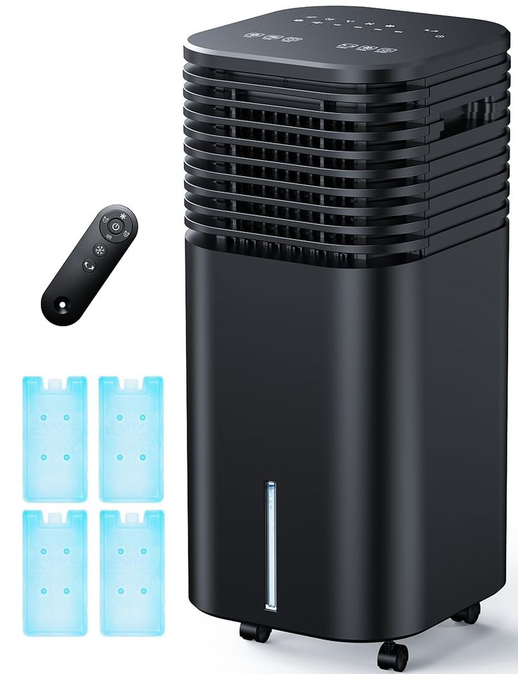 a black air purificater with four pieces of ice next to it