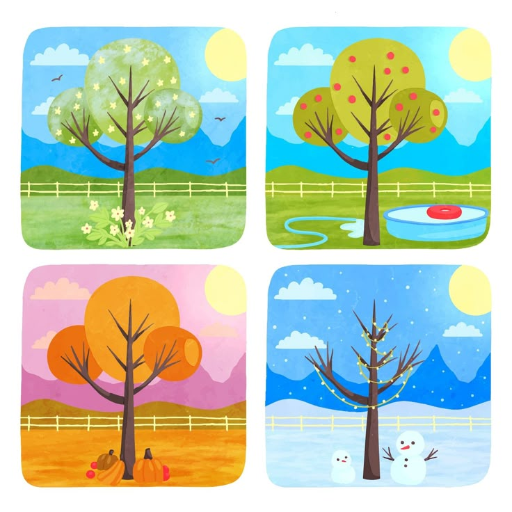 four square coasters with trees and birds in the fall, winter, and autumn