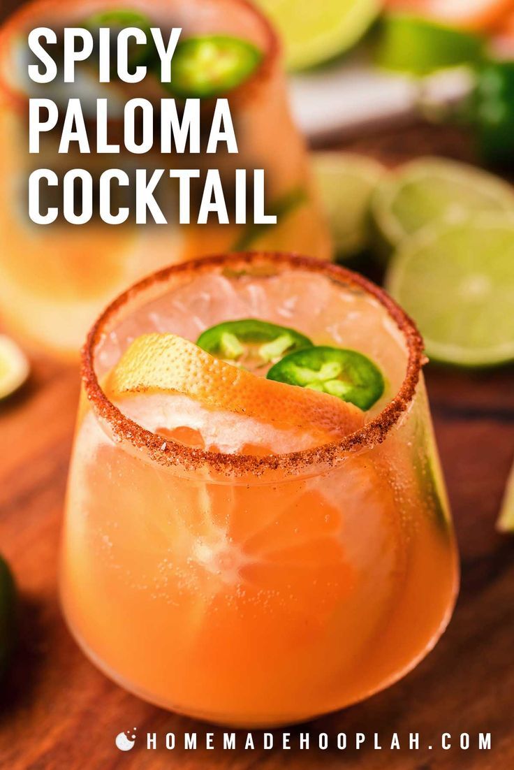 the spicy paloma cocktail is garnished with jalapenos and limes