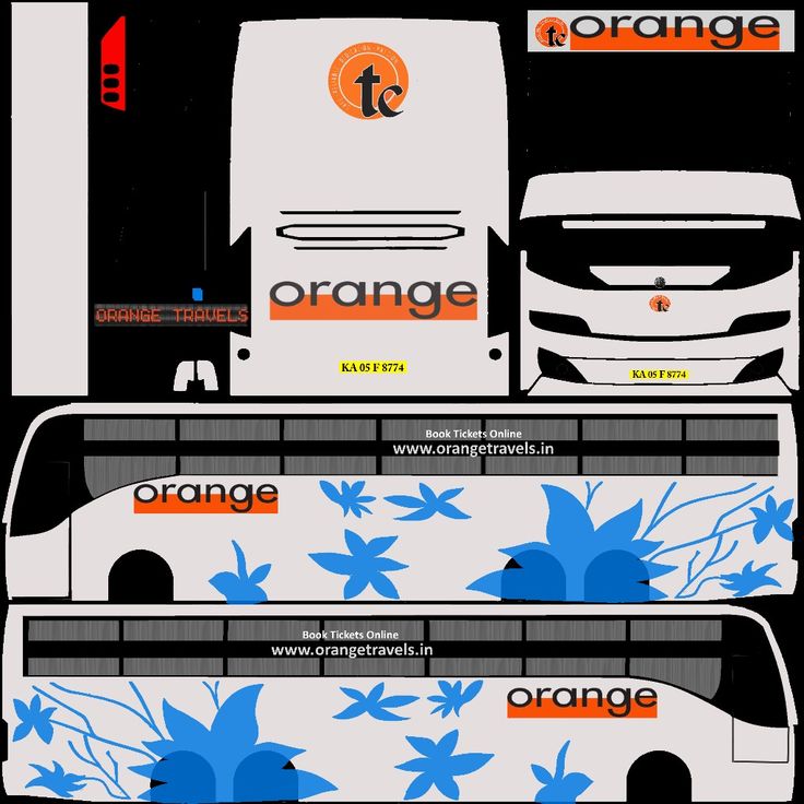 an orange bus is shown with blue flowers on it