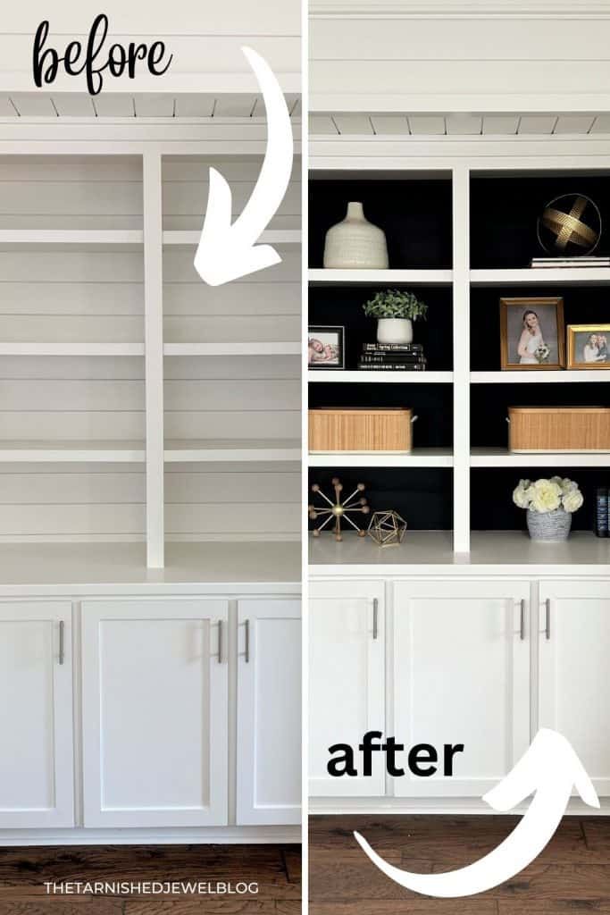 before and after photos of white bookcases with open shelving units in the middle