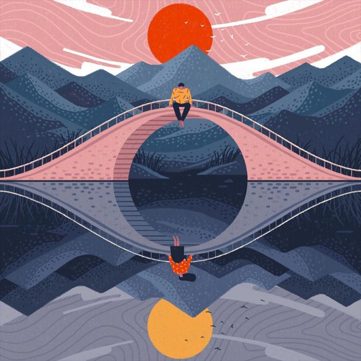 a person walking across a bridge over water with mountains in the background and an orange sun