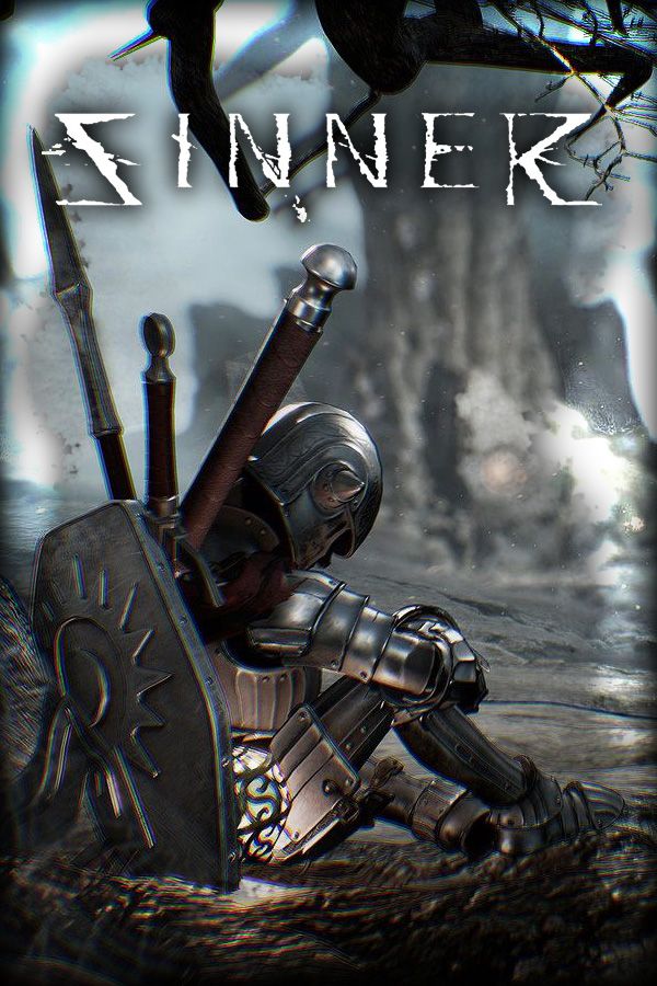 an image of a knight kneeling down with swords in his hand and the words sinner above him