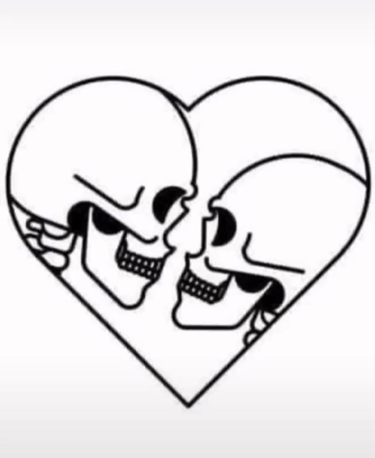 two skulls in the shape of a heart with their heads touching each other's foreheads