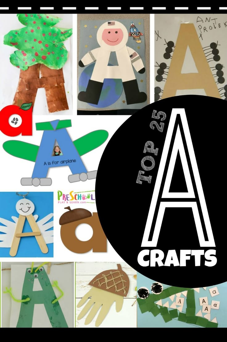 the letter a is for arts and crafts with pictures of handprinted animals, trees, and letters