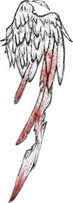 a drawing of an angel with wings and blood on it's back legs, in the air